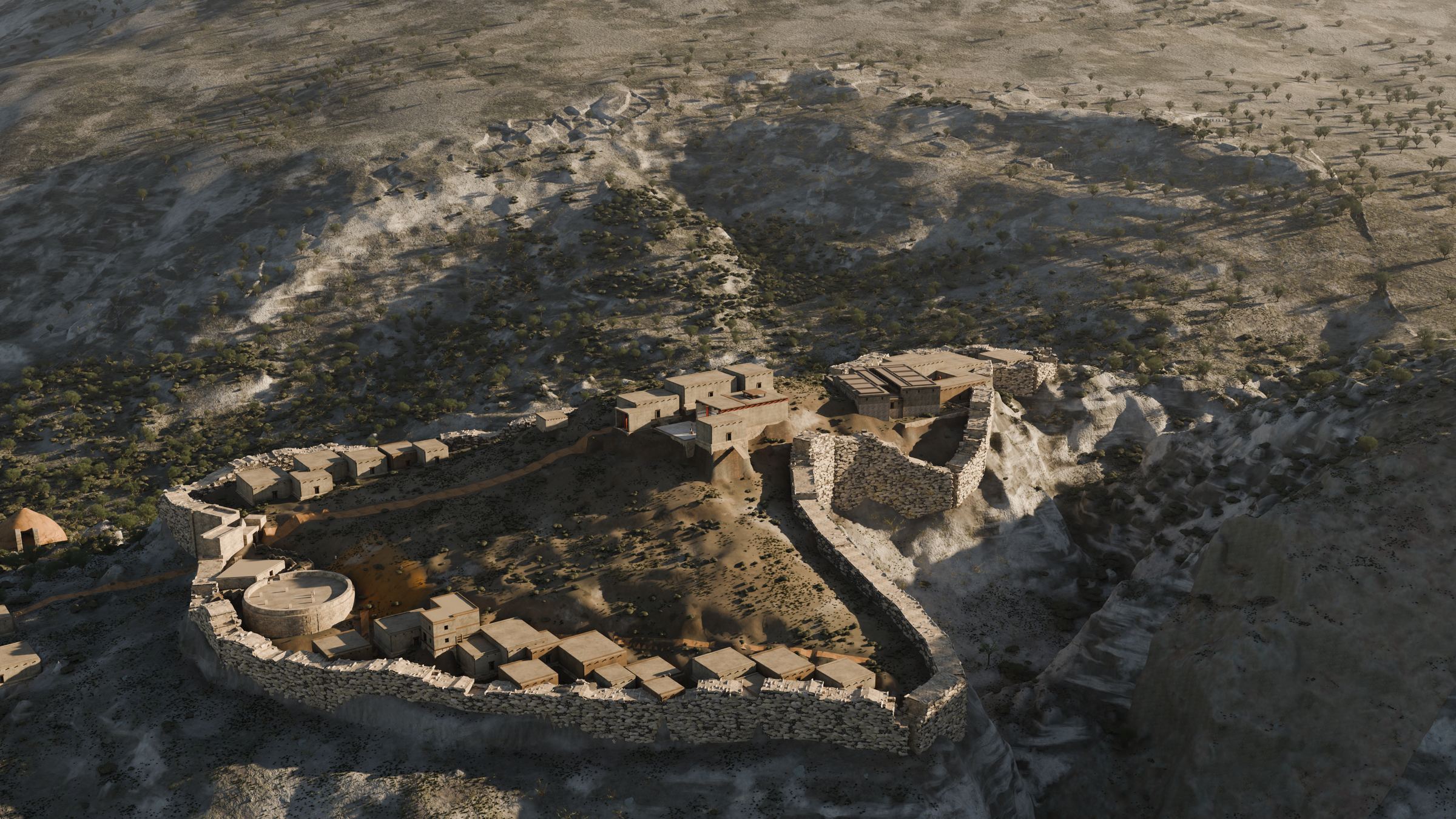 Aerial render of the citadel of Mycenae around 1250 BC from the south-west: the Cyclopean wall, Grave Circle A inside the Lion Gate, houses on the slope and the palace on the summit.
