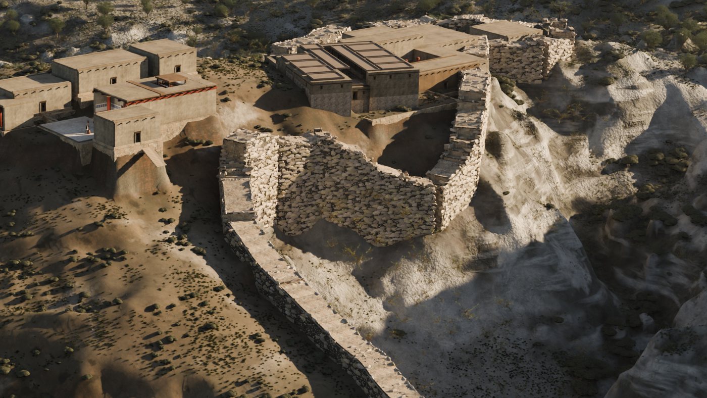 Detail of the 4K render at full resolution: the palace on the summit and the Cyclopean wall of the north-east extension.