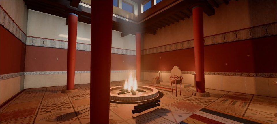 Real-time view inside the megaron of Mycenae: red columns, painted walls and the central hearth.